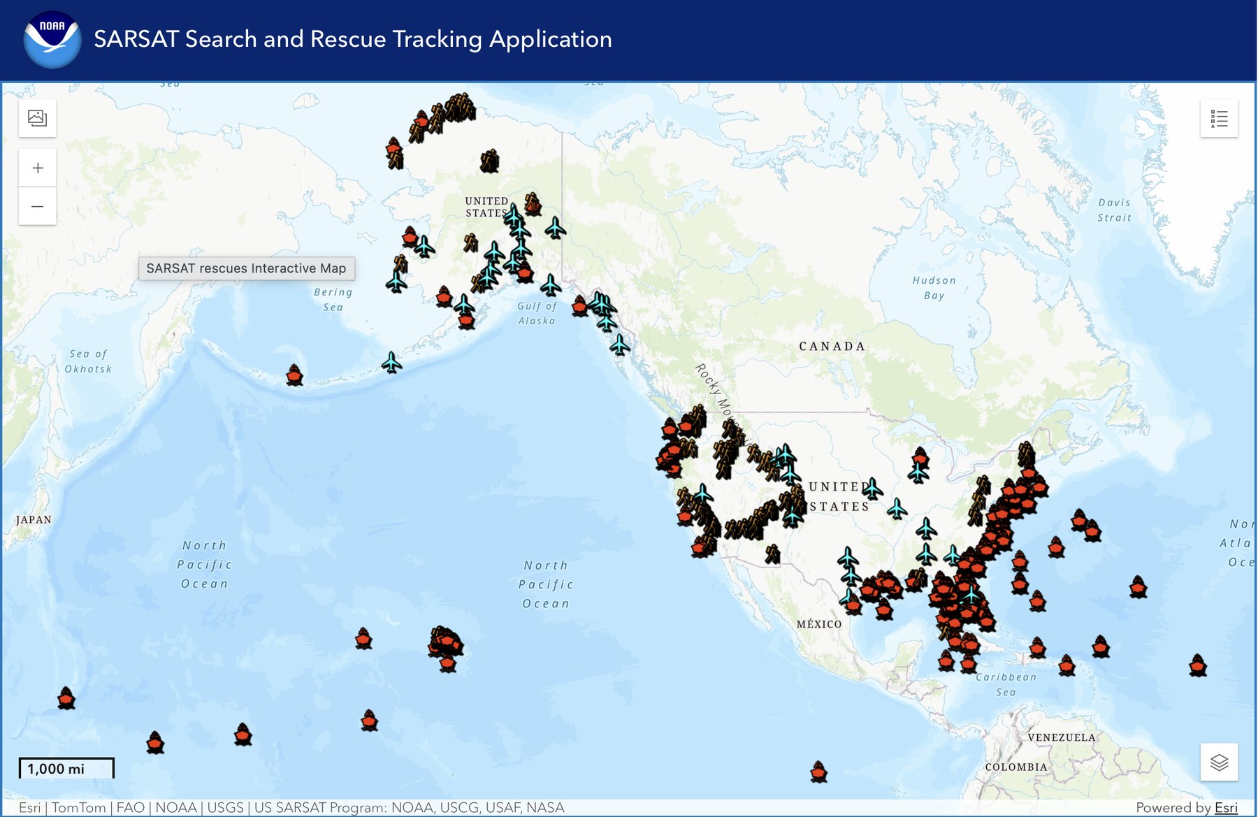 NOAA SARSAT Search and Rescue Tracking Application map showing rescue locations across the United States, Alaska, and the Pacific